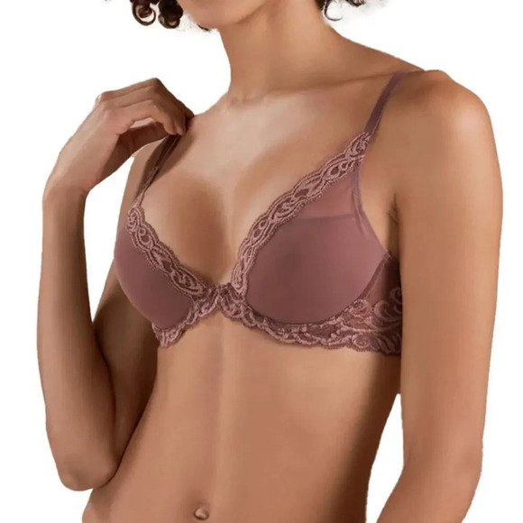 NATORI Feathers Plunge T-Shirt Bra in Cinammon Brown Contour Lace Size 34DD - Picture 2 of 8